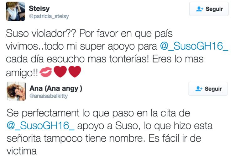 Steisy y Ana Anginas defienden a Suso en Twitter