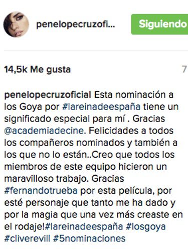 Mensaje de Penélope Cruz en Instagram / Imagen: Instagram