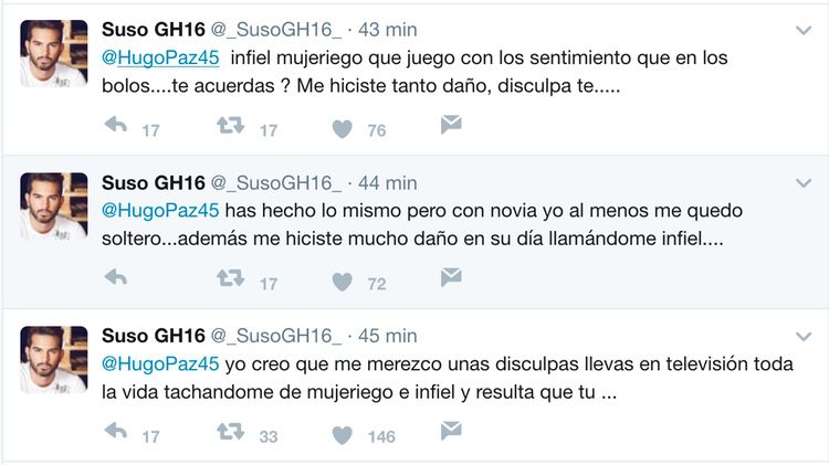 Tweets de Suso hacia Hugo Paz, tras conocer las infidelidades del ex de Sofía. / Fuente: Twitter @_SusoGH16_