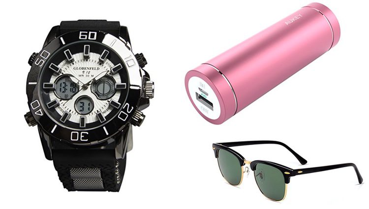 Reloj masculino, cargador portátil y gafas de sol