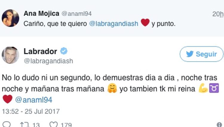 Los mensajes de amor de Labrador y Ana Mojica / Twitter