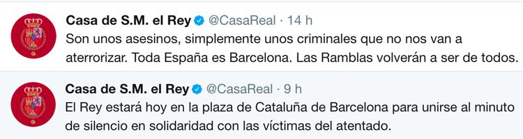 Mensajes de Casa Real en Twitter tras el atentado de Barcelona