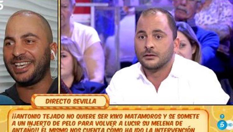 Antonio Tejado en 'Sálvame' mostrando su injerto capilar. </p><p>| Fuente: Telecinco