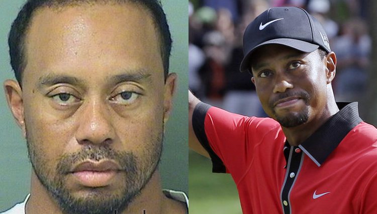 Tiger Woods en su ficha policial (izq) y en una de sus tardes más exitosas (der)