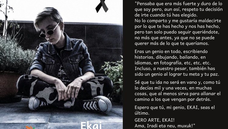 Carta de despedida del padre de Ekai a su hijo difundida por Chrysallis Euskal Herria en redes sociales