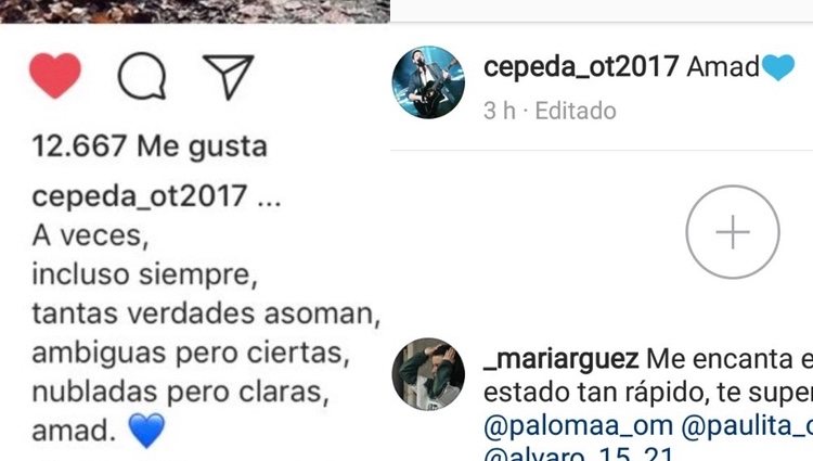 El primer mensaje que ha puesto Cepeda y, a la derecha, el segundo y que está actualmente / Instagram