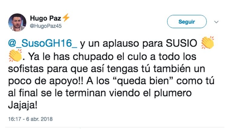 Tweet de Hugo a Suso. Foto: Twitter