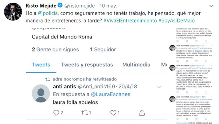 El tweet de denuncia de Risto Mejide por amenazas Foto: Twitter