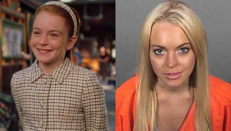 Lindsay Lohan en 'Tu a Londres y yo a California' (izq.) y en su ficha policial (dcha.)