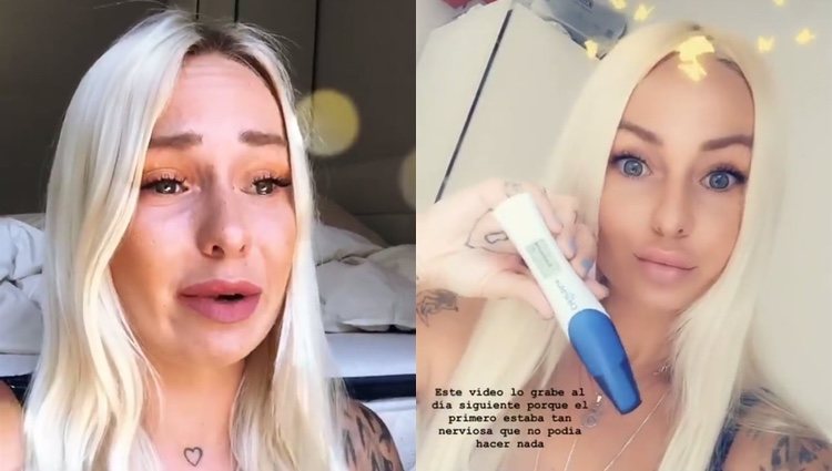Nicole Hartman enseñando el predictor y destrozada por el aborto / Instagram