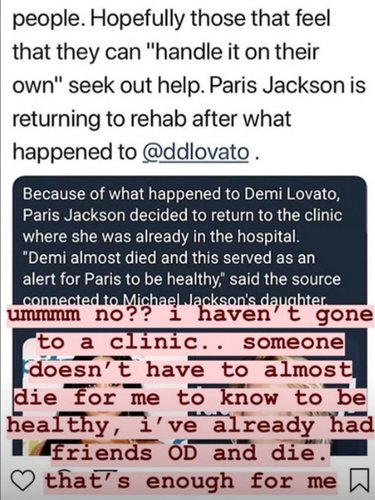 Paris Jackson lo ha negado a través de Instagram Stories