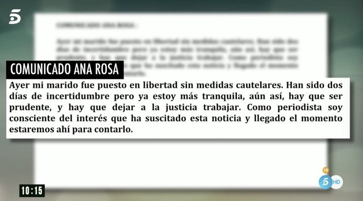 Parte del comunicado que ha enviado Ana Rosa Quintana a 'El programa de verano'/ Fuente: telecinco