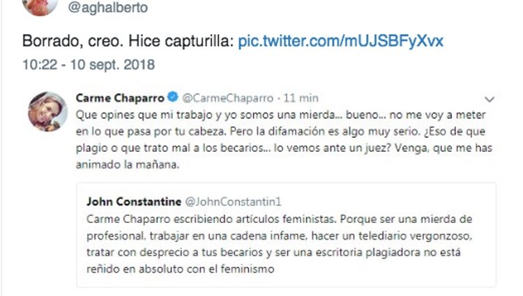 La respuesta de Carme Chaparro en Twitter | Foto: Twitter @aghalberto