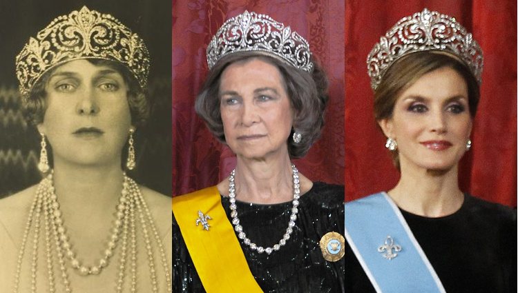La Reina Victoria Eugenia, la Reina Sofía y la Reina Letizia luciendo la Tiara de la Flor de Lis