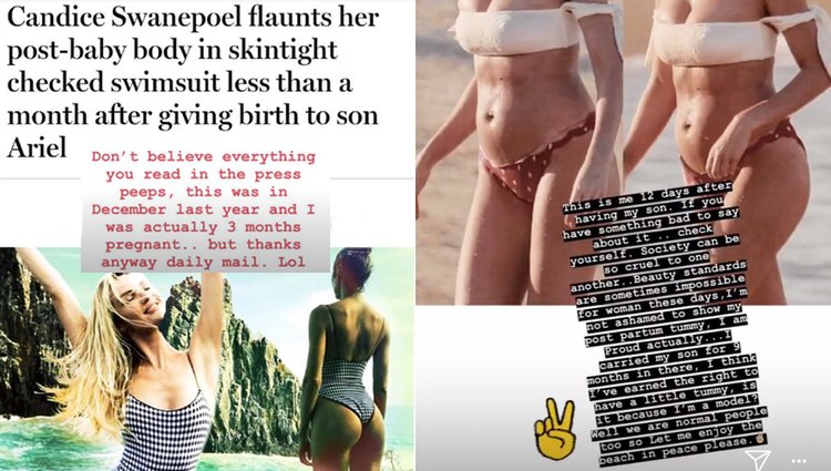 Candice respondiendo a través de Instagram a las críticas por su cuerpo postparto