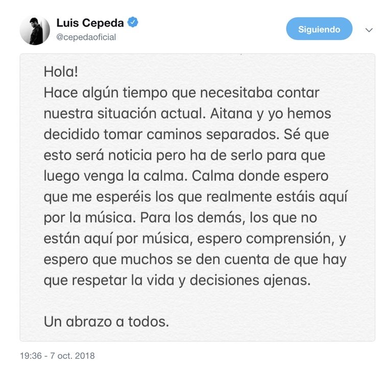 El texto de Cepeda en Twitter