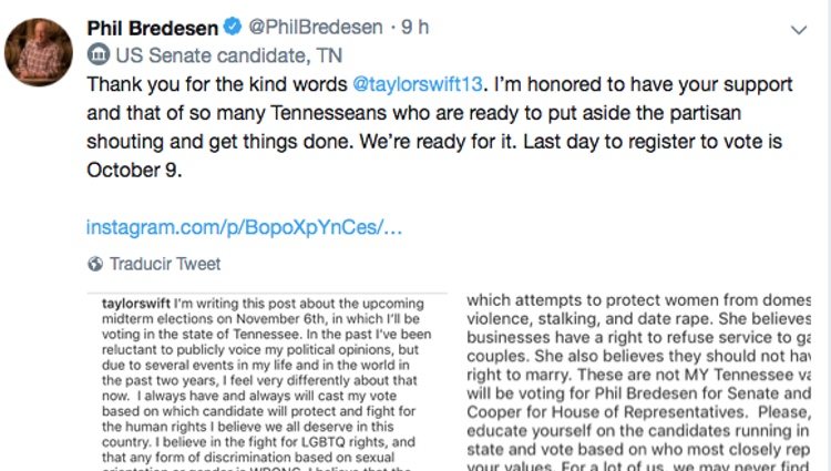 La respuesta de Phil Bredesen en agradecimiento a la cantante no se hizo esperar - Twitter