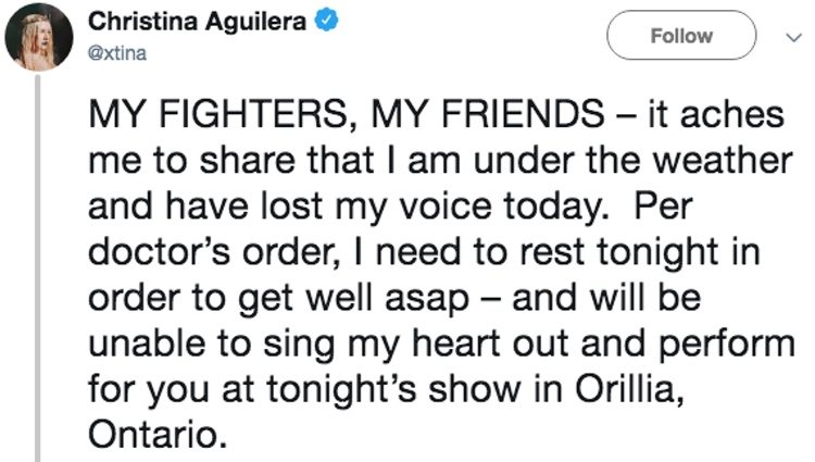Christina Aguilera anunciado la cancelación de su concierto en Canadá | Foto: Twitter Christina Aguilera