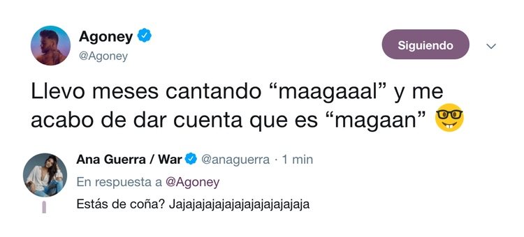 Agoney confiesa en Twitter a Ana Guerra que cantaba mal 'Ni la hora'