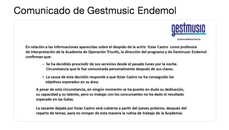 Comunicado de Gestmusic sobre el despido de Itziar Castro | Foto: Twitter Gestmusic