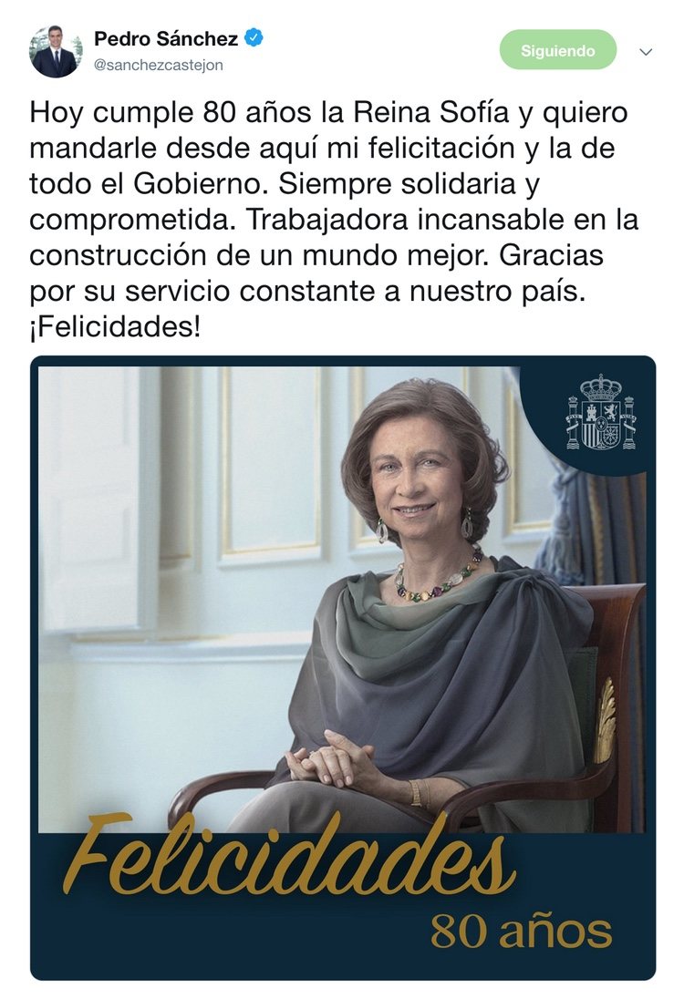 Felicitación de Pedro Sánchez y el Gobierno a la Reina Sofía