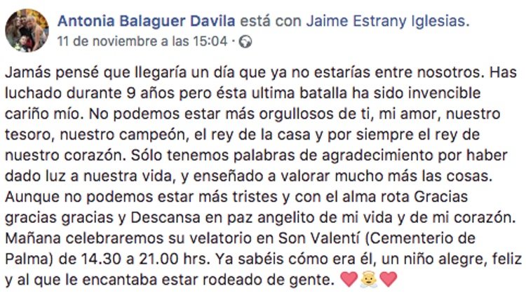 La publicación de la madre de Jaime Estrany | Foto: Facebook Antonia Balaguer