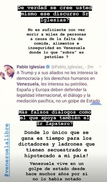 El mensaje de Rosanna Zanetti a Pablo Iglesias/ Foto: Instagram