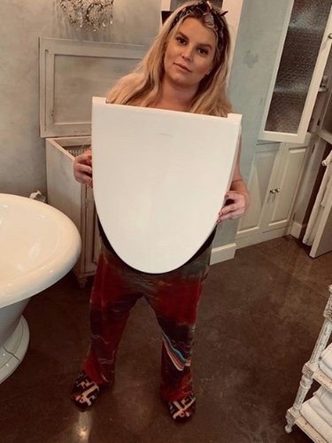 Jessica Simpson sujetando la tapa del váter tras romperla/ Fuente: Instagram