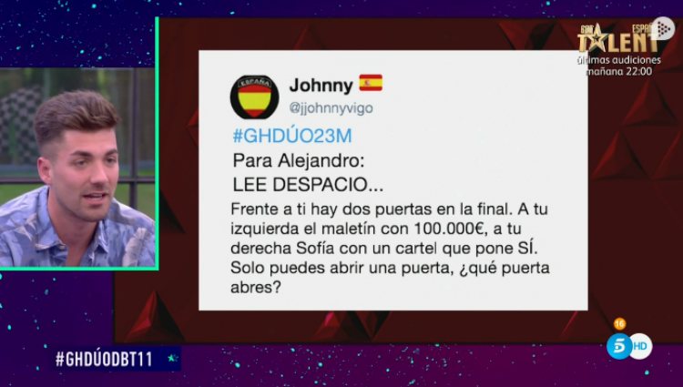 Alejandro lee el tweet que le hace elegir entre ganar 'GH DÚO' o volver con Sofía | telecinco.es