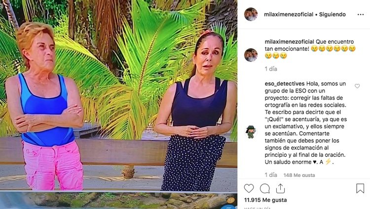 La publicación de Mila Ximénez acompañada por el comentario de Detectives de la Eso Foto: Instagram Mila Ximénez