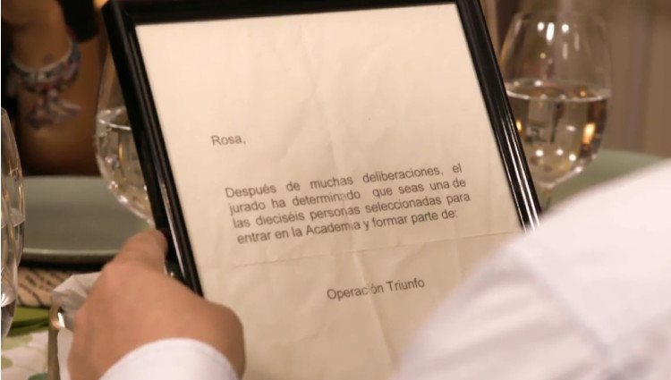 La carta de selección de Rosa en 'Operación Triunfo'/Foto:Telecinco