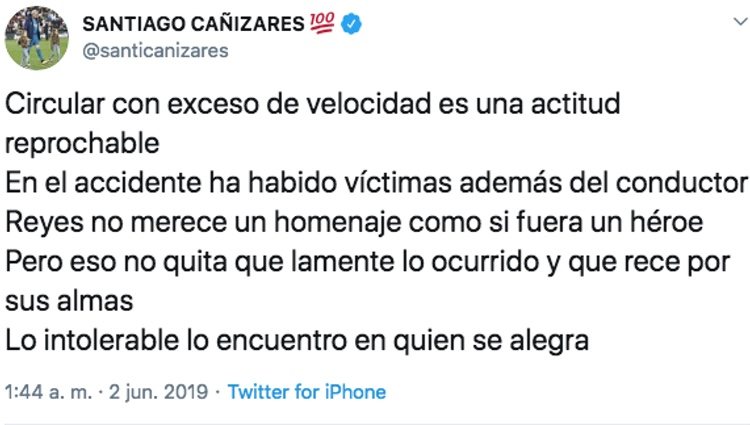 Tweet publicado por Santiago Cañizares cuando murió José Antonio Reys / Foto: Twitter