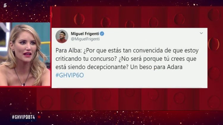 Alba Carrillo leyendo el tuit de Miguel Frigenti en el 'DBT GH VIP7' | Telecinco.es