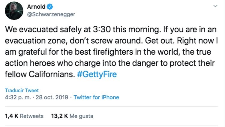 Arnold Schwarzenegger contando que ha tenido que ser evacuado por el incendio / Foto: Twitter