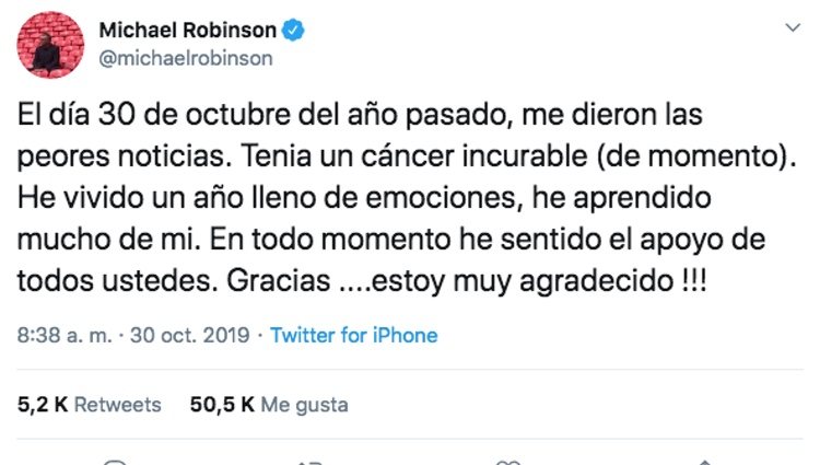 Mensaje de Michael Robinson tras un año luchando contra el cáncer / Foto: Twitter