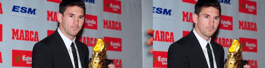 Leo Messi recoge la Bota de Oro 2012 arropado por sus compañeros Carles Puyol y Xavi Hernández