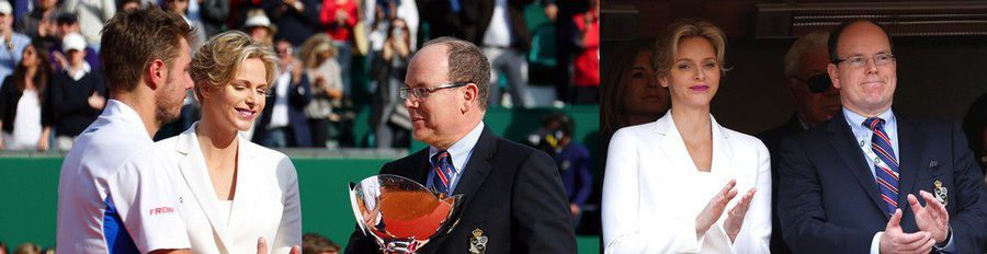 Los Príncipes Alberto y Charlene de Mónaco entregan a Stanislas Wawrinka el trofeo del torneo de Montecarlo 2014