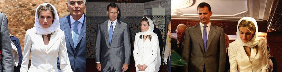 La Reina Letizia, con velo y descalza por respeto en su visita con el Rey Felipe al Mausoleo del Rey Mohamed V en Rabat