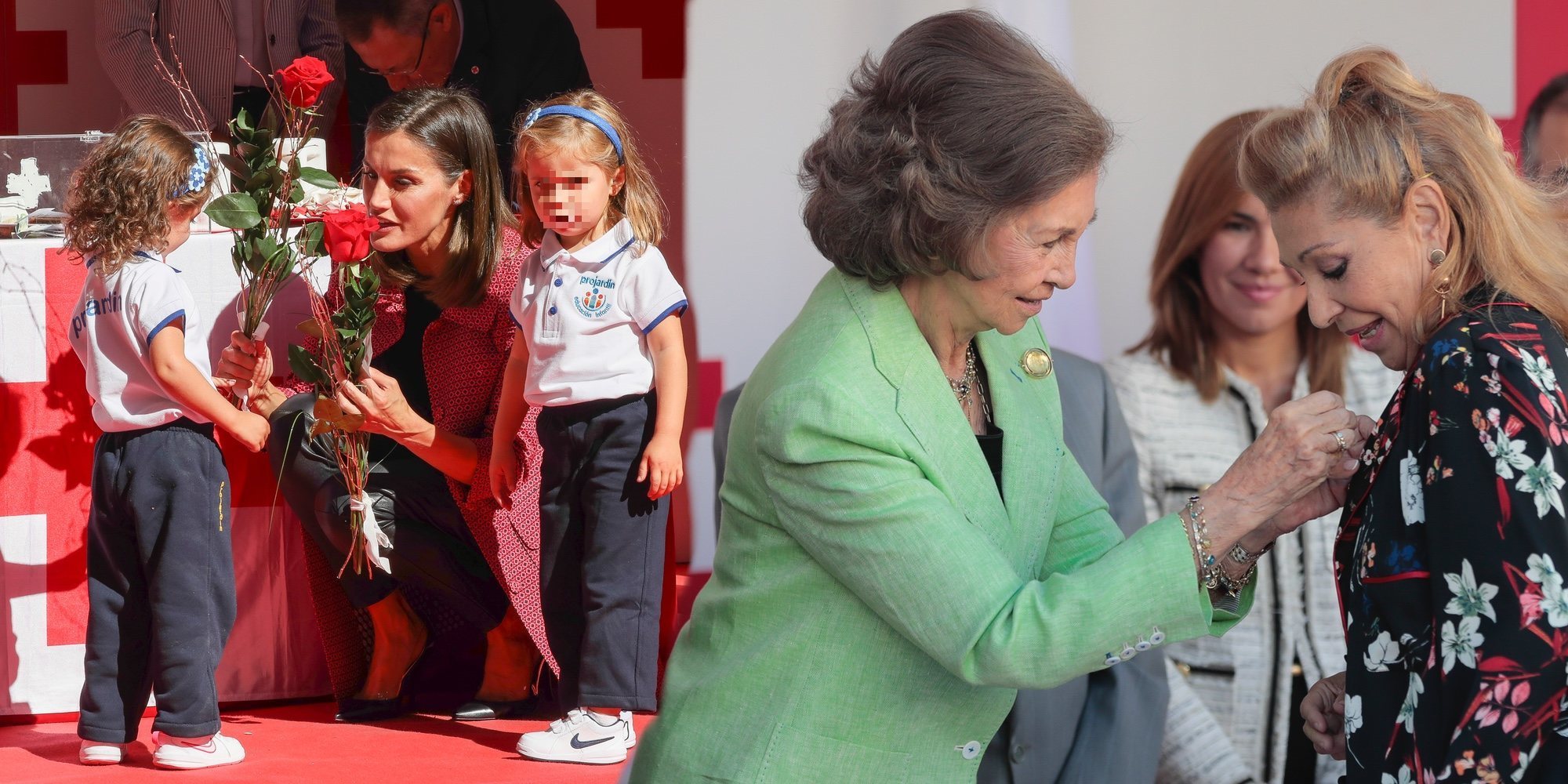 La Reina Letizia, entre niñas, y la Reina Sofía, entre vedettes, en el Día de la Banderita 2018