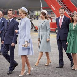 Matilde de Bélgica con Federico, Mary, Joaquín y Marie de Dinamarca al inicio de su Visita de Estado a Dinamarca