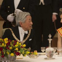 La Reina Letizia charla con Akihito de Japón en la cena de gala durante su Viaje de Estado a Japón