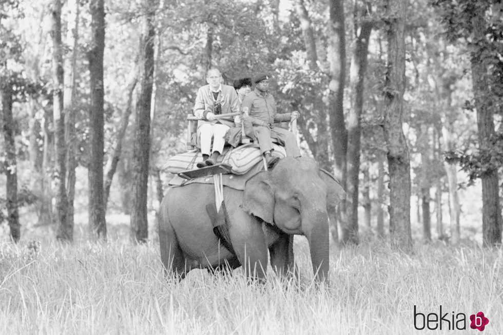 El Duque de Edimburgo montando en elefante en La India