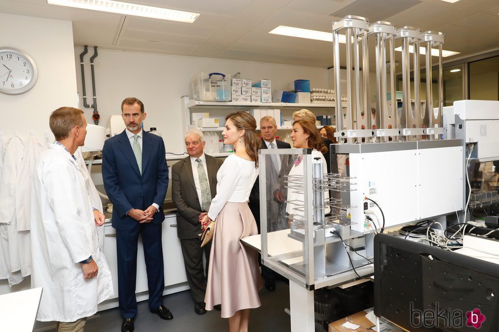Los Reyes Felipe y Letizia en un laboratorio de biomedicina en Reino Unido