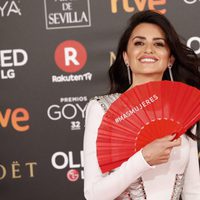 Penélope Cruz con el abanico reivindicativo en la alfombra roja de los Premios Goya 2018