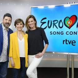 Tony Aguilar, Julia Varela y Nieves Álvarez en el evento de despedida antes de Eurovisión 2018