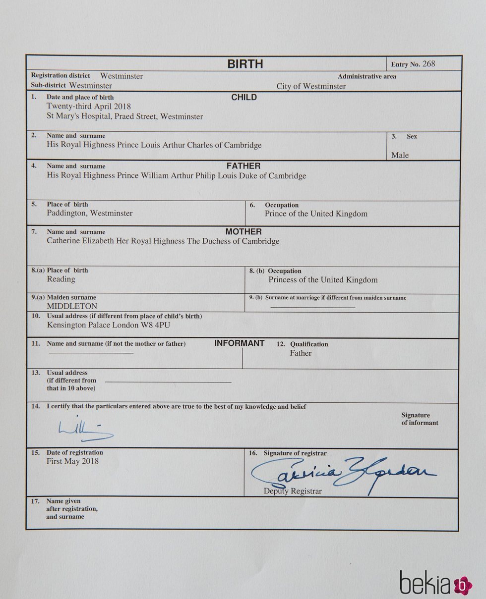 Certificado de nacimiento del Príncipe Luis de Cambridge