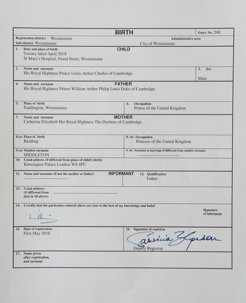 Certificado de nacimiento del Príncipe Luis de Cambridge