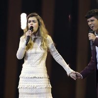 Amaia y Alfred cantando en el primer ensayo general previo a Eurovisión 2018