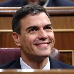 Pedro Sánchez sonríe ante el triunfo de la moción de censura contra Mariano Rajoy