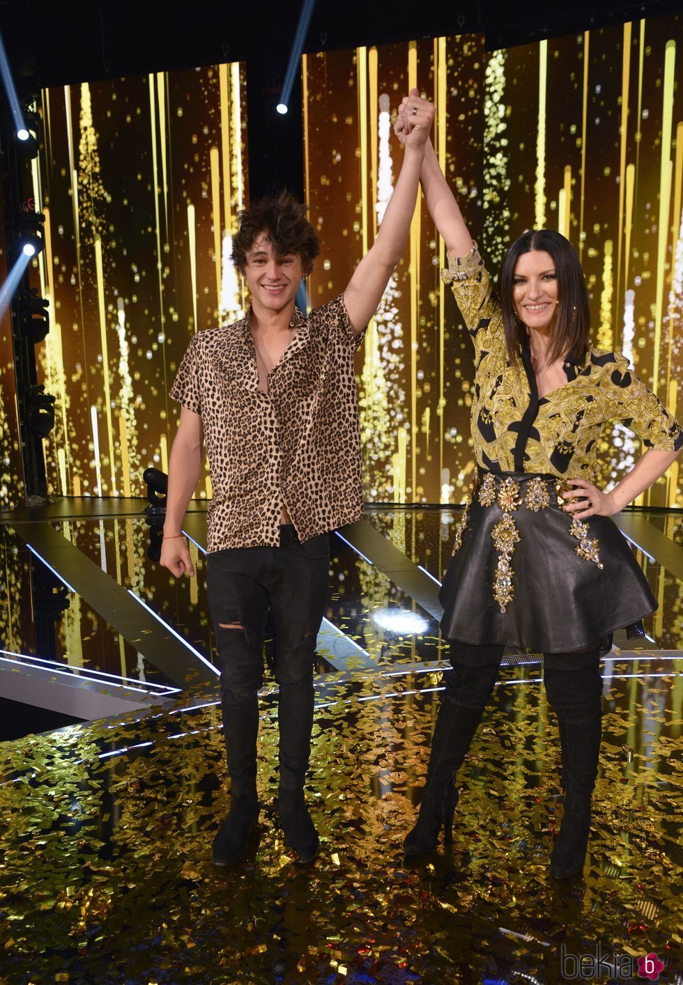 Pol Granch y Laura Pausini tras convertirse en el ganador de 'Factor X'
